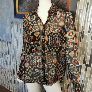 La Fee Verte Size M Multicolored Tunic Button Down Top 100% silk Abstract Print